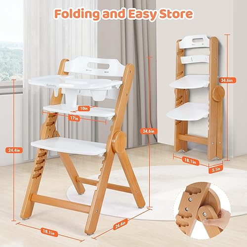 Ezebaby Wooden High Chair Grow with Your Child, Foldable Baby High Chair with Adjustable Seat and Footrest Heights, High Chair for Babies and Toddlers with Cushion and Large Double Layer Tray(White) - Jamouz