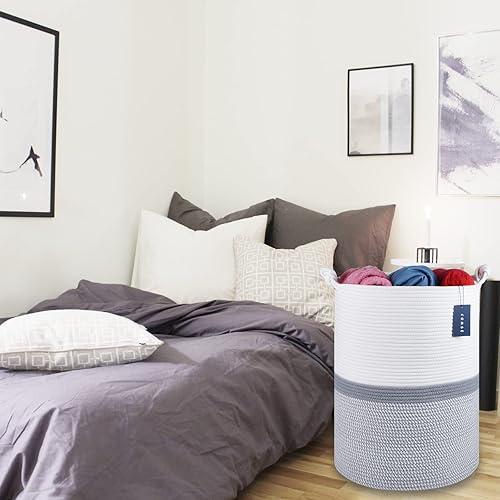COMSE Extra Large Blanket Basket, High Storage Basket, Tall Rope Laundry Basket, 15.7”x 21.7”, Cotton Rope Basket, XXXL Laundry Basket, Toy Basket, Clothes Baskets,White/Cadet Blue/Navy Blue - Jamouz