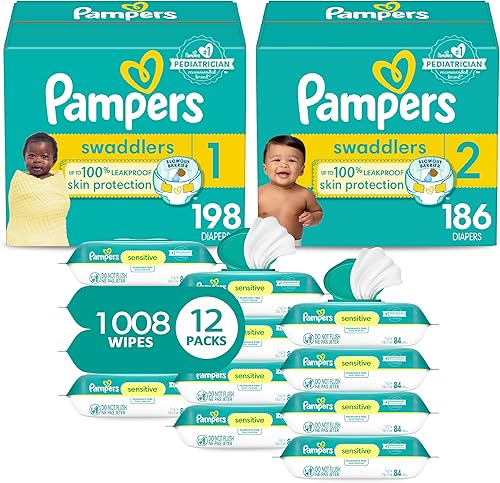 Pampers Baby Diapers and Wipes Starter Kit, Swaddlers Disposable Sizes 1 (198 Count) & 2 (186 Count) with Sensitive Water Based 12X Multi Pack Pop-Top Refill (1008 Count) - Jamouz