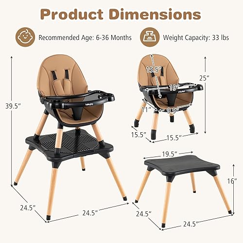 BABY JOY 5 in 1 High Chair, Convertible High Chairs for Babies and Toddlers/Booster Seat/Table and Chair Set, Infant Wooden Highchair w/ 5-Point Harness, 4-Position Removable Tray & PU Cushion, Coffee - Jamouz