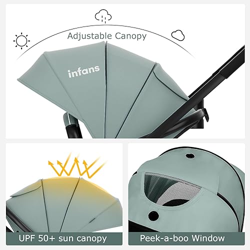 INFANS 2 in 1 Baby Stroller, High Landscape Infant Stroller & Reversible Bassinet Pram, Foldable Pushchair with Adjustable Canopy, Cup Holder, Storage Basket, Suspension Wheels (Grey) - Jamouz