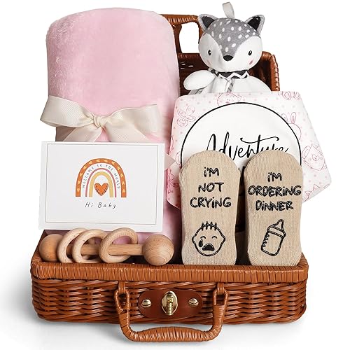 Baby Shower Gifts, Baby Gifts for Girls Boys, Unique Baby Gifts Basket Essentials Stuffs - Baby Lovey Blanket Newborn Bibs Socks Wooden Rattle & Greeting Card, Newborn Baby Gift Set - Jamouz