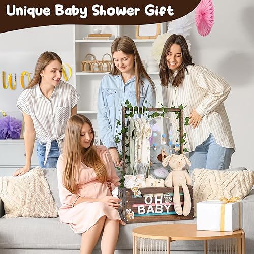 Baby Shower Gifts Basket Wooden Crate, Personalized Wooden Letters and Baby Clothes Hangers New Born Baby Girl Boy Gifts Vine Decorations Cute Closet with Handle Pregnancy Gifts for New Mom Parents - Jamouz