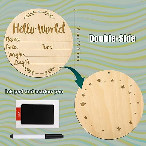 Baby Announcement Sign, 5.9 Inch Round Baby Nursery Name Signs with Ink Pad for Baby Hand and Footprints Wooden Hello World Newborn Sign for Photo Prop - Jamouz