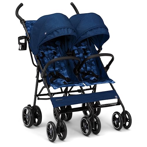 GAP babyGap Classic Side-by-Side Double Stroller - Lightweight Double Stroller with Recline, Extendable Sun Visors & Compact Fold - Made with Sustainable Materials, Grey Stripes - Jamouz