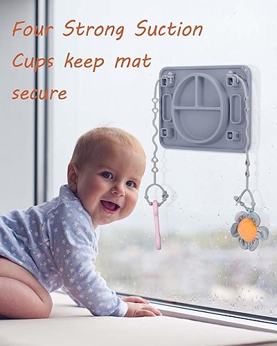 Platinum Food Grade Silicone Plates with Strong Suction for Baby & Toddlers, Baby Placemats with 4 Toy Straps to Secure Baby Essentials, Baby Led Weaning, Self Feeding, Dishwasher Safe (Green) - Jamouz