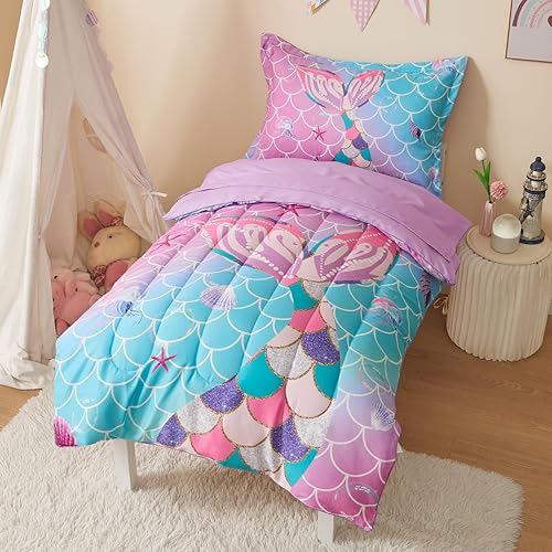 Pink Glitter Toddler Bedding Set Crib Bedding Set for Girls 4 Pieces with Toddler Comforter, Toddler Bed Sheets, Pillowcase, Pink Purple Gradient - Jamouz