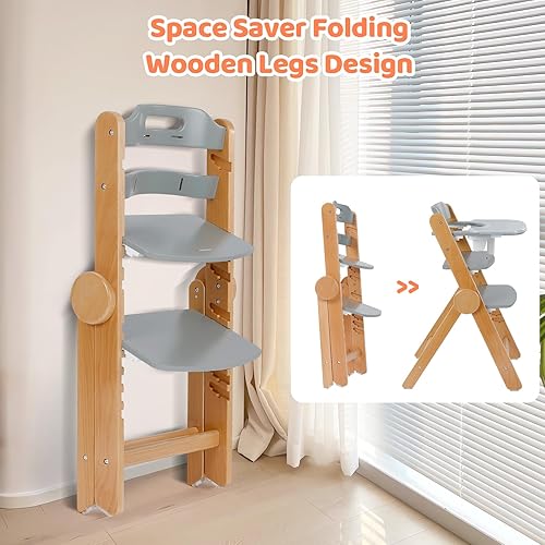 Ezebaby Wooden High Chair Grow with Your Child, Foldable Baby High Chair with Adjustable Seat and Footrest Heights, High Chair for Babies and Toddlers with Cushion and Large Double Layer Tray(White) - Jamouz