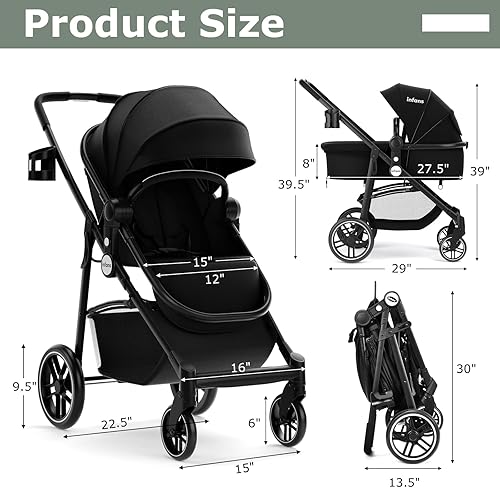 INFANS 2 in 1 Baby Stroller, High Landscape Infant Stroller & Reversible Bassinet Pram, Foldable Pushchair with Adjustable Canopy, Cup Holder, Storage Basket, Suspension Wheels (Grey) - Jamouz