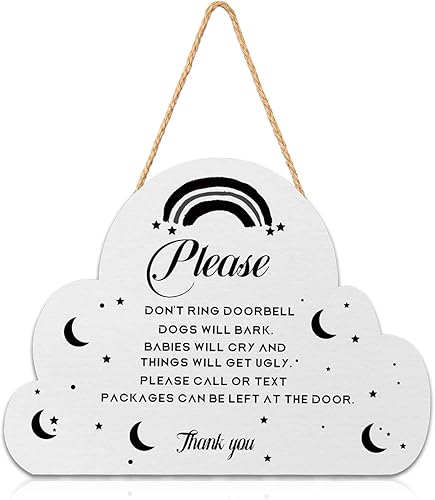 Baby Sleeping Wooden Hanging Sign for Front Door,Sleeping Baby Door Sign,Do Not Knock Sign,Dont Ring Doorbell Hanger Sign for Outdoor Outside Porch Door BOHO Kids Room Decor,9.8x11.8inch - Jamouz