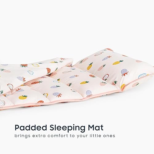 Wake In Cloud - Toddler Nap Mat with Pillow and Blanket, for Kids Girls in Kindergarten Daycare Preschool Pre K, Roll Up Sleeping Bag, Cute Kawaii Strawberry, Light Pink, Standard - Jamouz