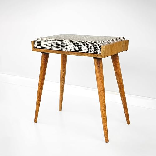 Walnut Ottoman Stool for Living Room | Upholstered in Crowbar Pattern Fabric | Versatile as a Piano Bench | Ideal Bedroom Bench | Functional Footstool Bench - Jamouz