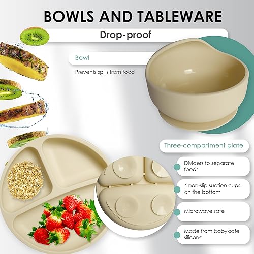 Bluet B- Silicone Baby Feeding Set - Baby Led Weaning Supplies - Baby Spoons, Suction Bowl - Plate - Baby Utensils Set - Silicone Feeding Set for Baby First Foods, Infant Eating - 8pcs - Purple - Jamouz