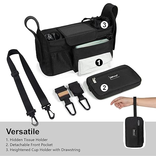 TOPDesign Universal Baby Stroller Organizer, Stroller Caddy with Detachable Mesh Bag & Heightened Insulated Cup Holders & Non-Slip Secure Hooks Accessories, Fits Most Strollers (Black) - Jamouz