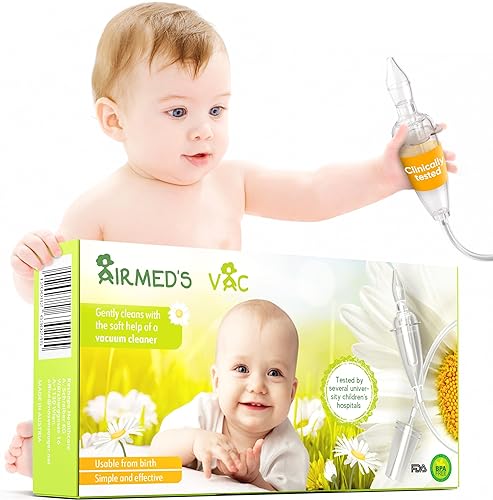 Airmed's Vac Nasal Aspirator Baby. CLINICALLY Tested, Safe and Gentle. Baby Nose Sucker with 2 Suction Heads and Cleaning Brush. Safe and Gentle Baby Nasal Aspirator with Strength of a Vacuum Cleaner - Jamouz