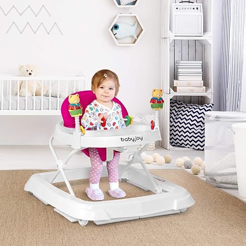BABY JOY Baby Walker, Foldable Activity Walker Helper with Adjustable Height, Baby Activity Walker with High Back Padded Seat & Bear Toys (Gray, Star Pattern) - Jamouz