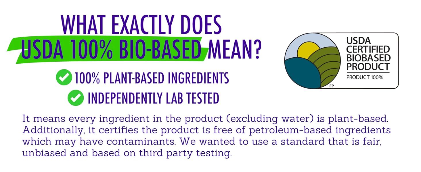100% USDA Certified Bio-based means that every ingredient in this product is plant-based.
