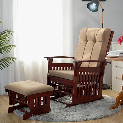 Rustic Glider Chair for Nursery with Ottoman, Resistant Rubber Wood Nursery Glider and Ottoman Sets for Relaxing, Rocking Chair for Living Room Bedroom (Flower) - Jamouz