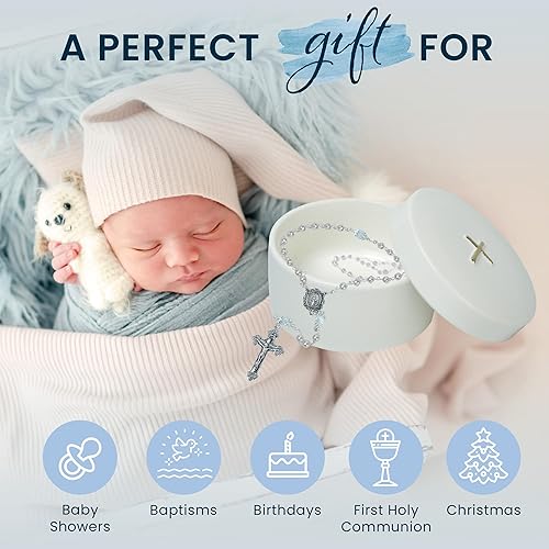 Sweet Treasures Gift – Baptism Gifts for Boys, First Rosary with Ceramic Keepsake Box and Card, Catholic Communion Gift, Christening and Baby Shower Rosary Beads, Blue - Jamouz