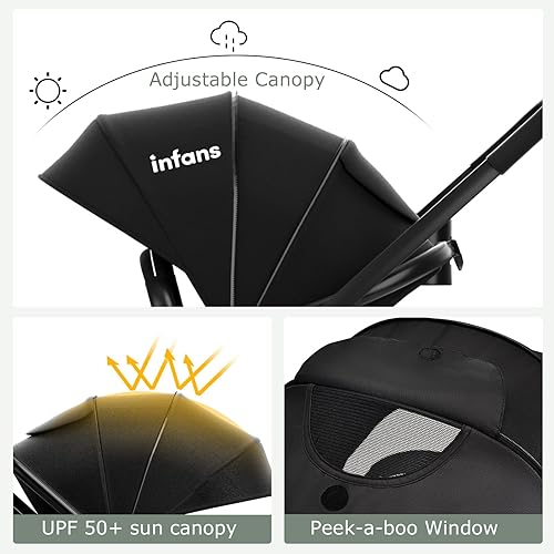 INFANS 2 in 1 Baby Stroller, High Landscape Infant Stroller & Reversible Bassinet Pram, Foldable Pushchair with Adjustable Canopy, Cup Holder, Storage Basket, Suspension Wheels (Grey) - Jamouz