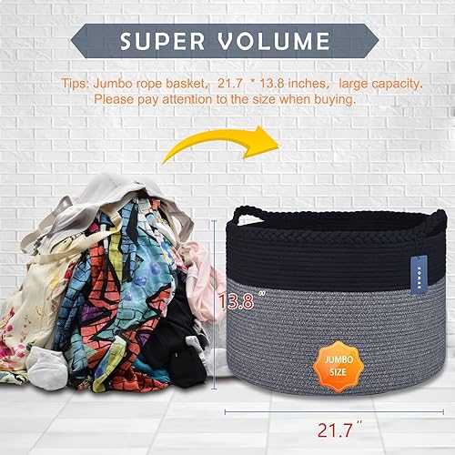 COMSE Extra Large Blanket Basket, Storage Basket, Laundry Basket, 21.7”x 13.8”, Laundry Hamper, Cotton Rope Basket, Blanket Basket Living Room, Toy Basket (White & Cadet Blue & Navy Blue) - Jamouz