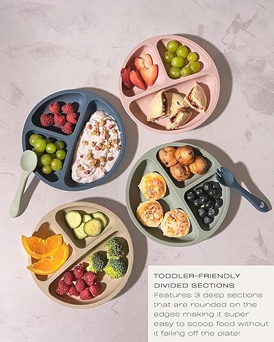 Hippypotamus Toddler Plates with Suction - 100% Food-Grade Silicone Baby Plates - Microwave & Dishwasher Safe - BPA Free - Set of 3 (Sage/Blush/Nude) - Jamouz