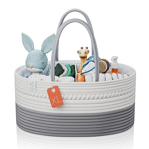 KiddyCare Woven Diaper Caddy Organizer, Large Gray Multi Functional Portable Baby Basket with Handle, Baby Gift for Boy/Girl Nursery Storage, Organization, and Modern Car Diaper Caddy Natural Large - Jamouz