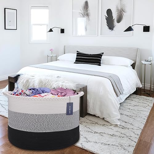 COMSE Extra Large Blanket Basket, Storage Basket, Laundry Basket, 21.7”x 13.8”, Laundry Hamper, Cotton Rope Basket, Blanket Basket Living Room, Toy Basket (White & Cadet Blue & Navy Blue) - Jamouz