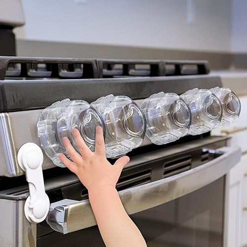 Child Proof Stove Knob Covers (Pack of 5) & Oven Lock - Double Key Design Standard Size 2.1'High x2.4'Wide Stove Knob Covers for Child Safety - Stove Knob Locks for Gas Or Electric Burners- Clear - Jamouz