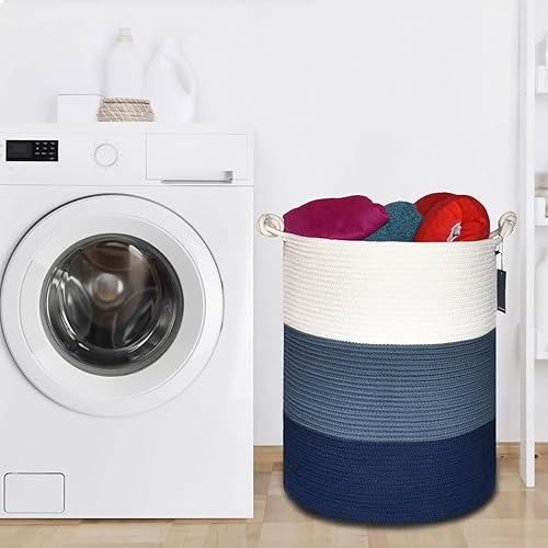 COMSE Extra Large Blanket Basket, High Storage Basket, Tall Rope Laundry Basket, 15.7”x 21.7”, Cotton Rope Basket, XXXL Laundry Basket, Toy Basket, Clothes Baskets,White/Cadet Blue/Navy Blue - Jamouz