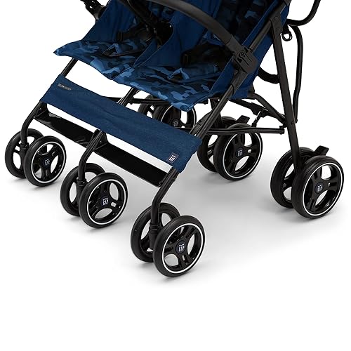 GAP babyGap Classic Side-by-Side Double Stroller - Lightweight Double Stroller with Recline, Extendable Sun Visors & Compact Fold - Made with Sustainable Materials, Grey Stripes - Jamouz