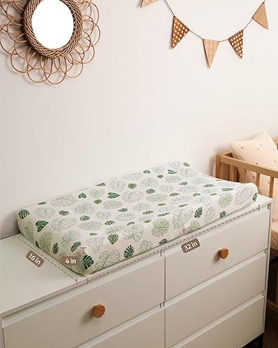 Blissful Diary Muslin Changing Pad Cover for Girls Boys, Ultra Soft Breathable Cotton, Baby Diaper Change Table Pad Covers, 2Pack (Roman Green&Leaf) - Jamouz