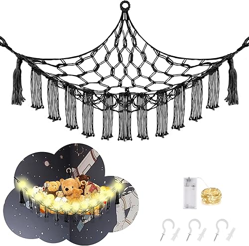 Macrame Hanging Net Hammock for Stuffed Animals with LED Light - Corner Toy Storage for Kids, White - Jamouz
