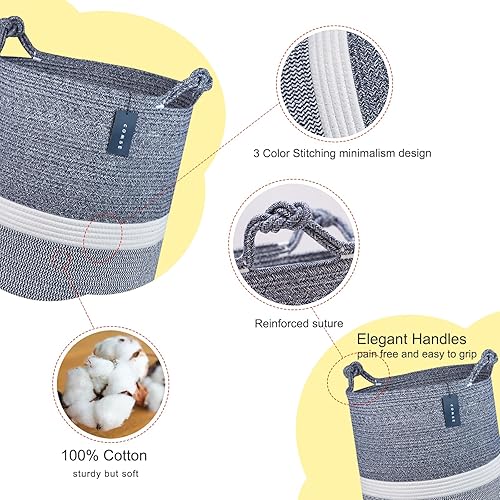 COMSE Extra Large Blanket Basket, High Storage Basket, Tall Rope Laundry Basket, 15.7”x 21.7”, Cotton Rope Basket, XXXL Laundry Basket, Toy Basket, Clothes Baskets,White/Cadet Blue/Navy Blue - Jamouz
