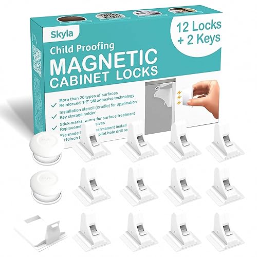 SKYLA HOMES Magnetic Cabinet Locks Baby Proofing Child Safety - The Safest Quickest and Easiest Multi-Purpose 3M Adhesive Child Proof Latches, No Screws or Tools Needed (12 Pack) - Jamouz