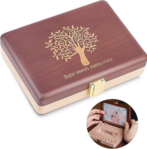 Baby Tooth Keepsake Box Wooden Handmade Baby Teeth Fairy Box Storage Holder With Photo Frame Stickers Suitable for Boys Girls First Tooth and Curl Memory Container loss teeth box - Jamouz