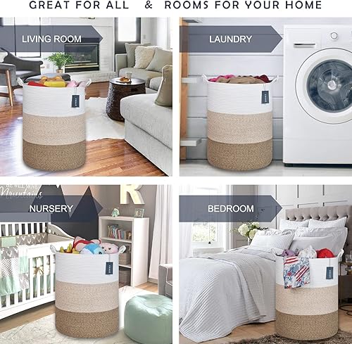 COMSE Extra Large Blanket Basket, High Storage Basket, Tall Rope Laundry Basket, 15.7”x 21.7”, Cotton Rope Basket, XXXL Laundry Basket, Toy Basket, Clothes Baskets,White/Cadet Blue/Navy Blue - Jamouz