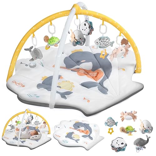 Baby Play Mat, Oversize Shell Tummy Time Mat with 6 Detachable Baby Activity Toys, Baby Gyms & Playmats for Babies 0-6 Months, Baby Mat for Floor Newborn Baby Shower Gifts (Beige) - Jamouz