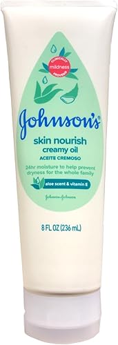 Johnson's Skin Nourish Creamy Oil, Aloe Scent & Vitamin E, Creamy Oil Helps Prevent Dryness & Moisturizes Baby's Delicate Skin for 24 Hours, Hypoallergenic & Non-Greasy, 8 fl. oz - Jamouz