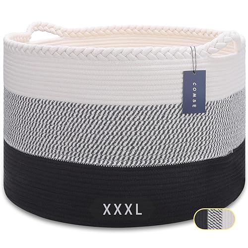 COMSE Extra Large Blanket Basket, Storage Basket, Laundry Basket, 21.7”x 13.8”, Laundry Hamper, Cotton Rope Basket, Blanket Basket Living Room, Toy Basket (White & Cadet Blue & Navy Blue) - Jamouz