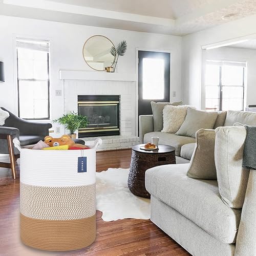 COMSE Extra Large Blanket Basket, High Storage Basket, Tall Rope Laundry Basket, 15.7”x 21.7”, Cotton Rope Basket, XXXL Laundry Basket, Toy Basket, Clothes Baskets,White/Cadet Blue/Navy Blue - Jamouz