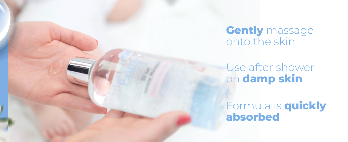 gently massage onto damp skin after shower, formula is quickly absorbed