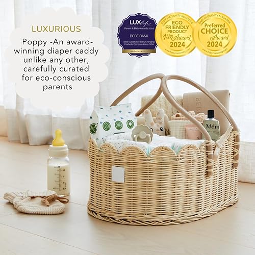 Premium Baby Diaper Caddy Organizer - Handmade & Award-Winning Scalloped Rattan Basket - Luxury Diaper Caddy Basket - Elegant Scalloped Edge (Natural) - Jamouz