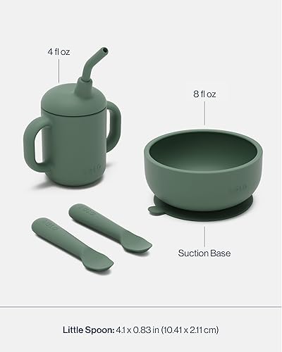 Lalo First Bites Silicone Baby Feeding Set - Baby Led Weaning Supplies - Non-Toxic Silicone - Includes 2 Bibs, 2 Spoons, Training Cup, Suction Plate and Bowl - 6 Pieces - Sage - Jamouz