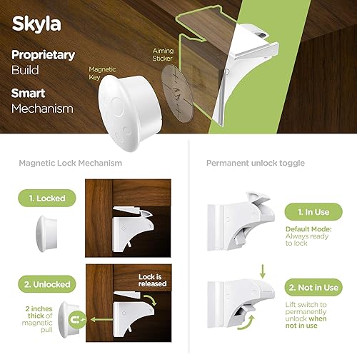 SKYLA HOMES Magnetic Cabinet Locks Baby Proofing Child Safety - The Safest Quickest and Easiest Multi-Purpose 3M Adhesive Child Proof Latches, No Screws or Tools Needed (12 Pack) - Jamouz