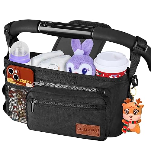 Guiseapue Universal Stroller Organizer with Cup Holder, Baby Travel Essential, Stroller Caddy with Shoulder Strap, Stroller Accessories Fit Uppababy, Baby Jogger Doona, Nuna, Britax, BOB Stroller - Jamouz