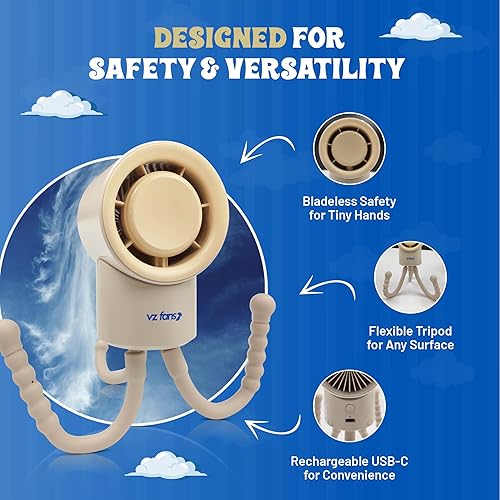 Baby Safe Portable Fan, Battery Operated Fan, Stroller Fan, Handheld Fan, Rechargeable USB-C, 3 Speeds, Mini Baby Fan – Personal Fan for Baby Travel Accessories. Flexible Tripod Cooling Fan - Jamouz