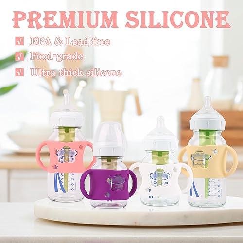 4 Pack Baby Bottle Handles, Silicone Bottle Handles for Dr Brown Wide-Neck Baby Bottles (White+Blue+Green+Grey) - Jamouz