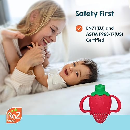 RaZbaby Baby Solids/Frozen Fruit Feeder Pacifier, Infant Teether Toy 6M+, BPA-Free Silicone Pouch & Nipple, Safely Introduce Solids, Teething Relief, Dishwasher Safe, 2-Pack – Orange/Blue + Green/Blue - Jamouz