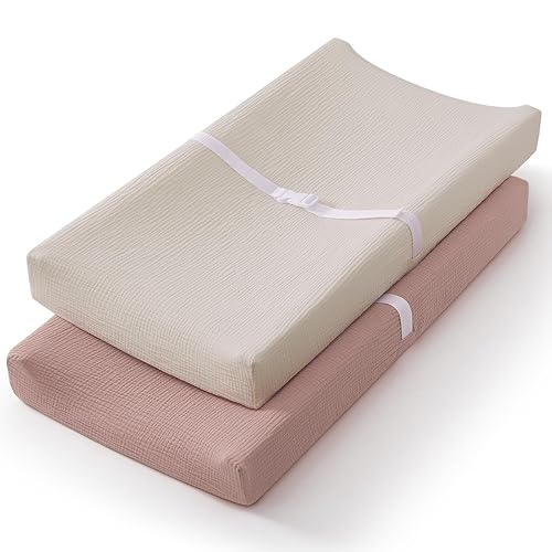 Blissful Diary Muslin Changing Pad Cover for Girls Boys, Ultra Soft Breathable Cotton, Baby Diaper Change Table Pad Covers, 2Pack (Roman Green&Leaf) - Jamouz